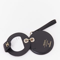 CHANEL black quilted lambskin leather CC logo chain round luggage tag