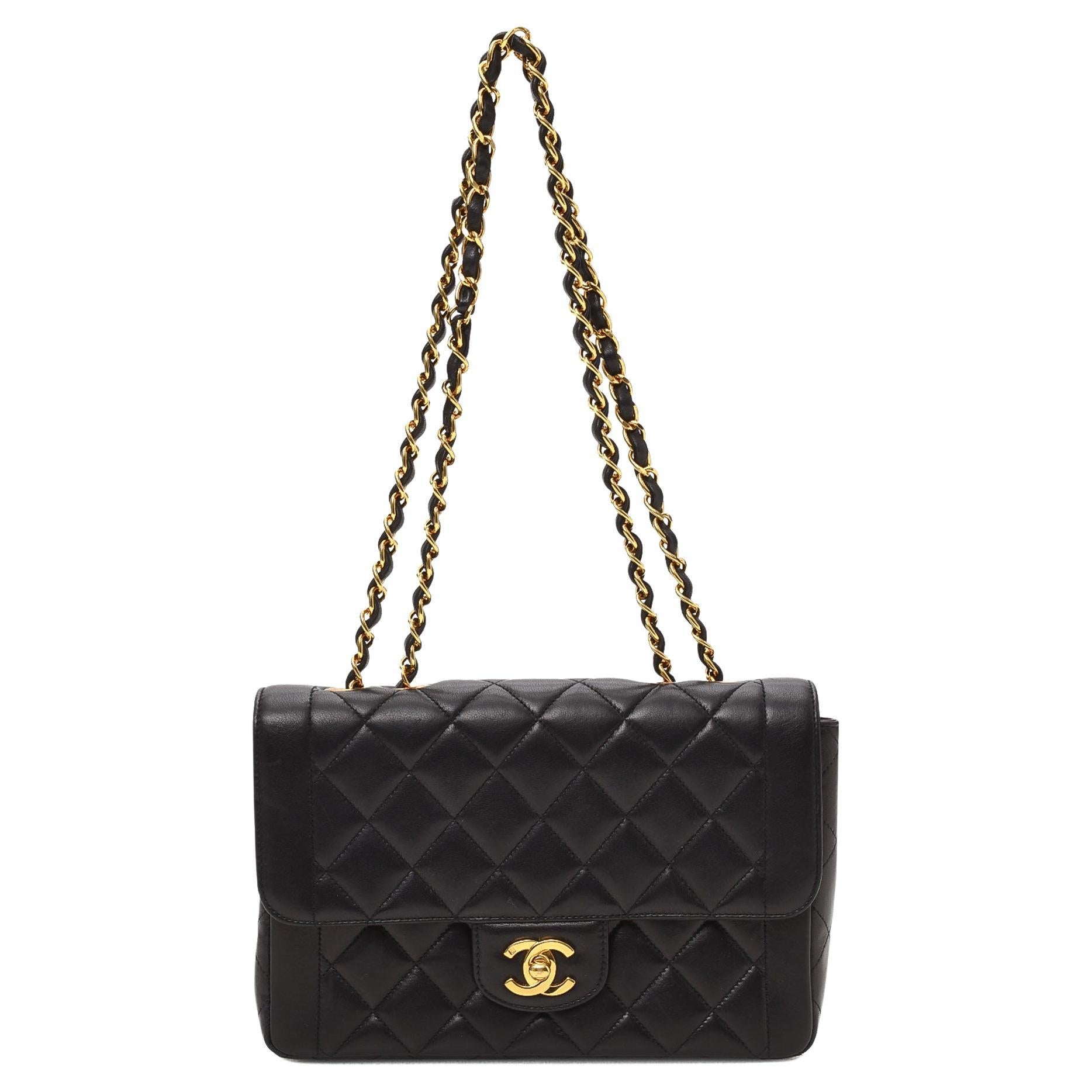 Chanel Black Quilted Lambskin Leather CC Small Single Flap Shoulder Bag For Sale