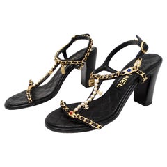 Chanel Black Quilted Lambskin Leather Chain T-Strap Charm Sandals 2022