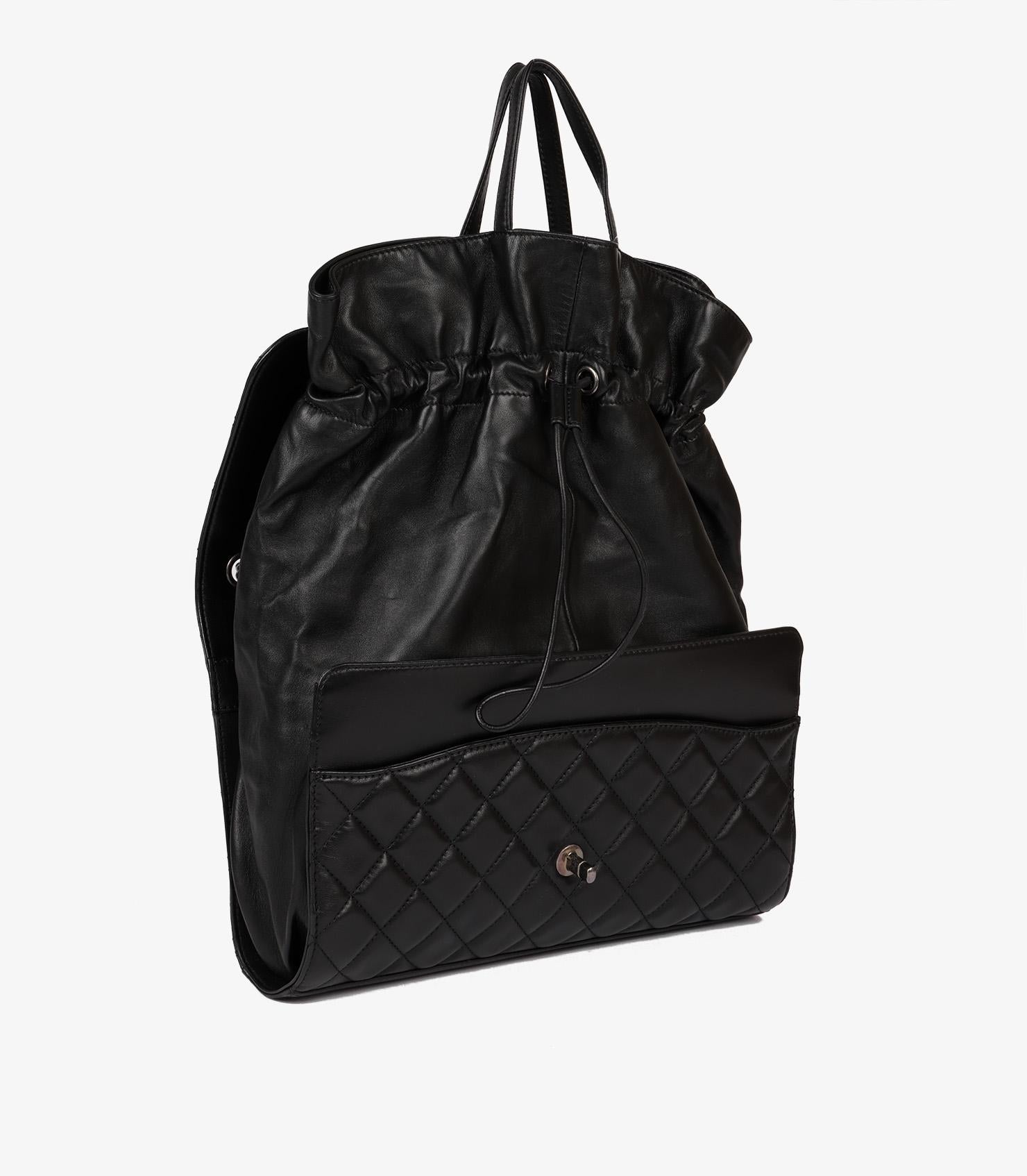 Chanel Black Quilted Lambskin Leather Jumbo Drawstring Classic Single Flap Bag For Sale 7