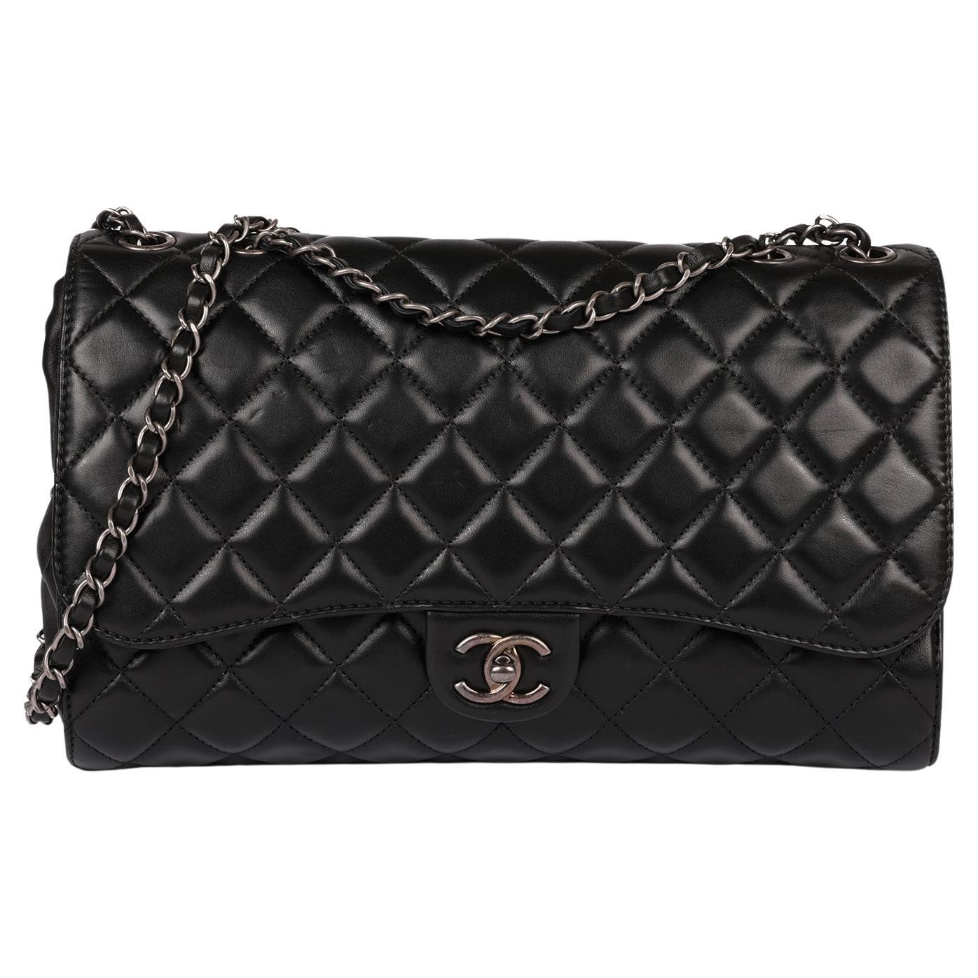 Chanel Black Quilted Lambskin Leather Jumbo Drawstring Classic Single Flap Bag For Sale