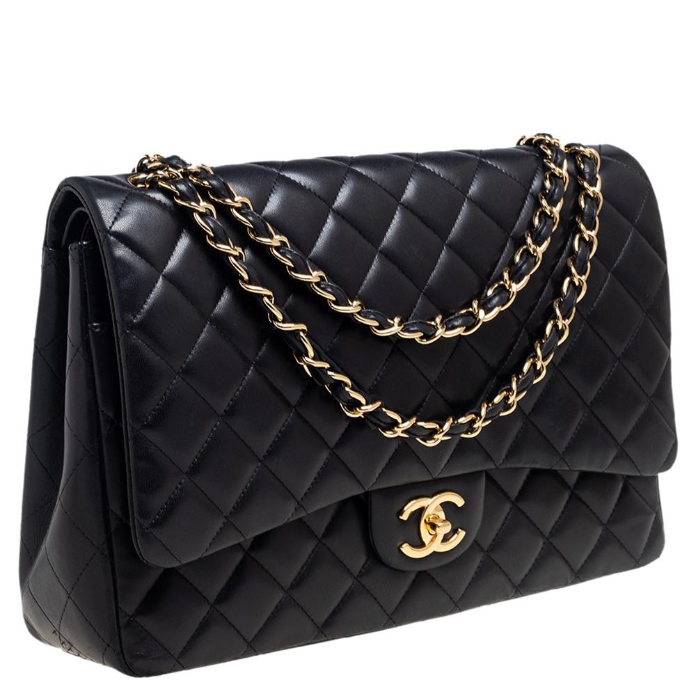 Women's Chanel Black Quilted Lambskin Leather Maxi Classic Double Flap Bag