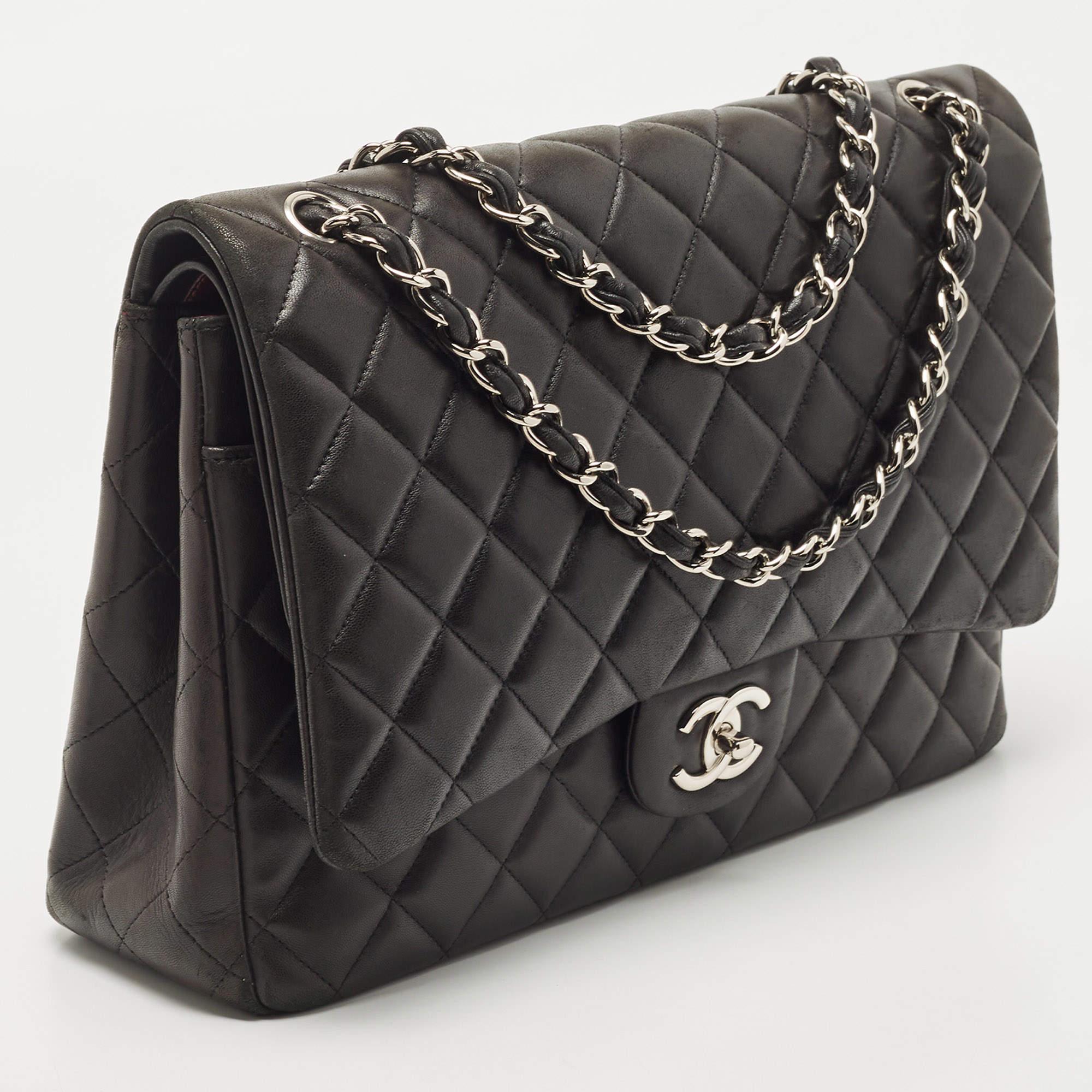 Women's Chanel Black Quilted Lambskin Leather Maxi Classic Double Flap Bag