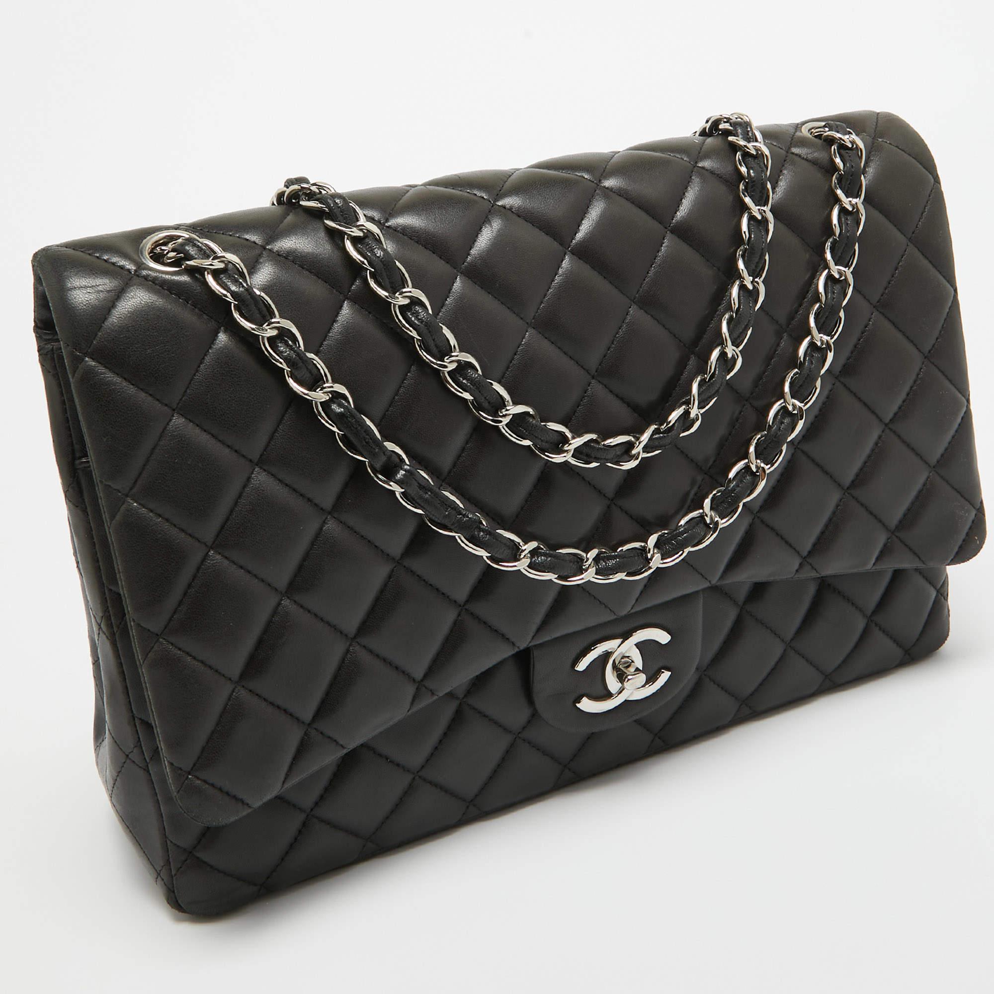 Women's Chanel Black Quilted Lambskin Leather Maxi Classic Double Flap Bag