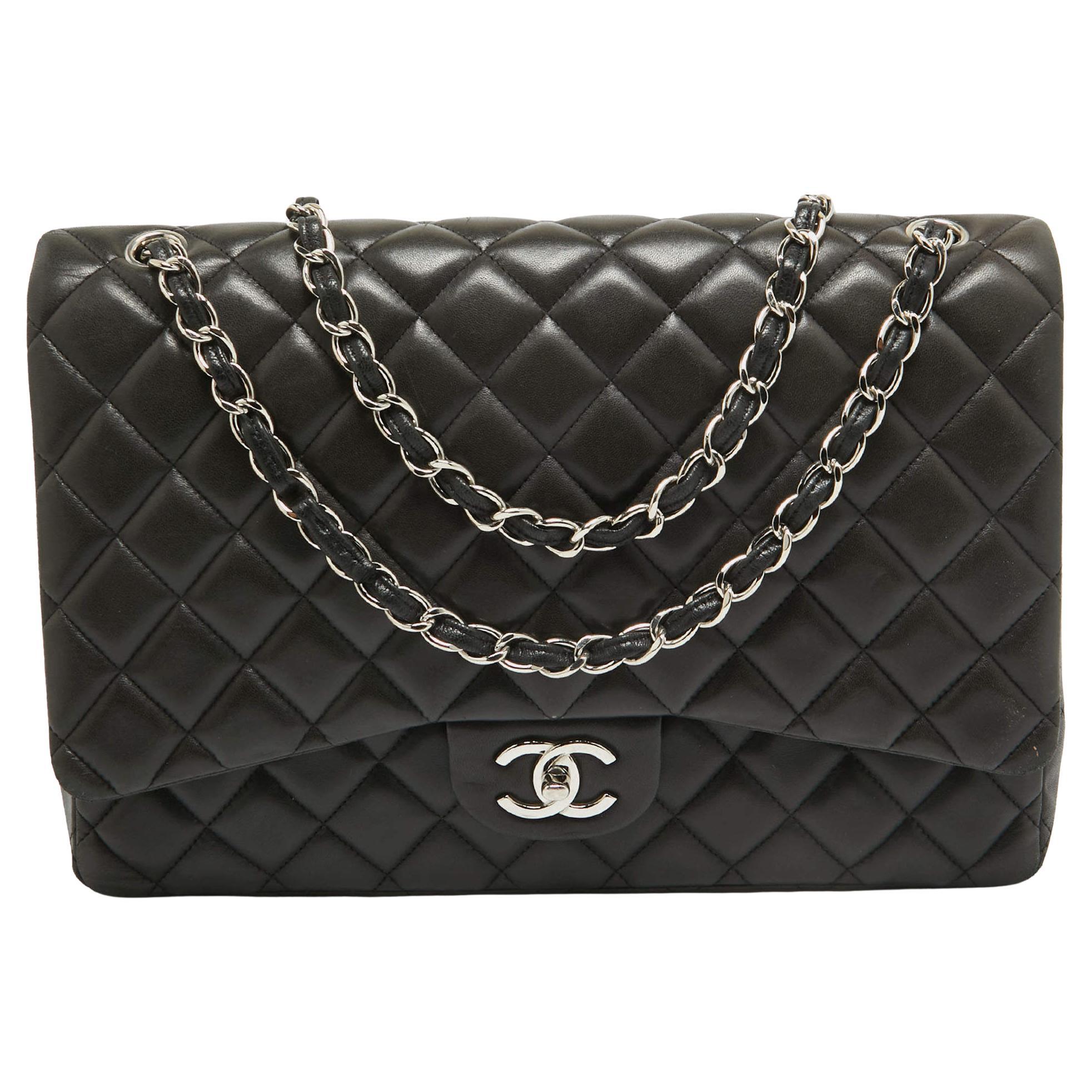 Chanel Black Quilted Lambskin Leather Maxi Classic Double Flap Bag For Sale