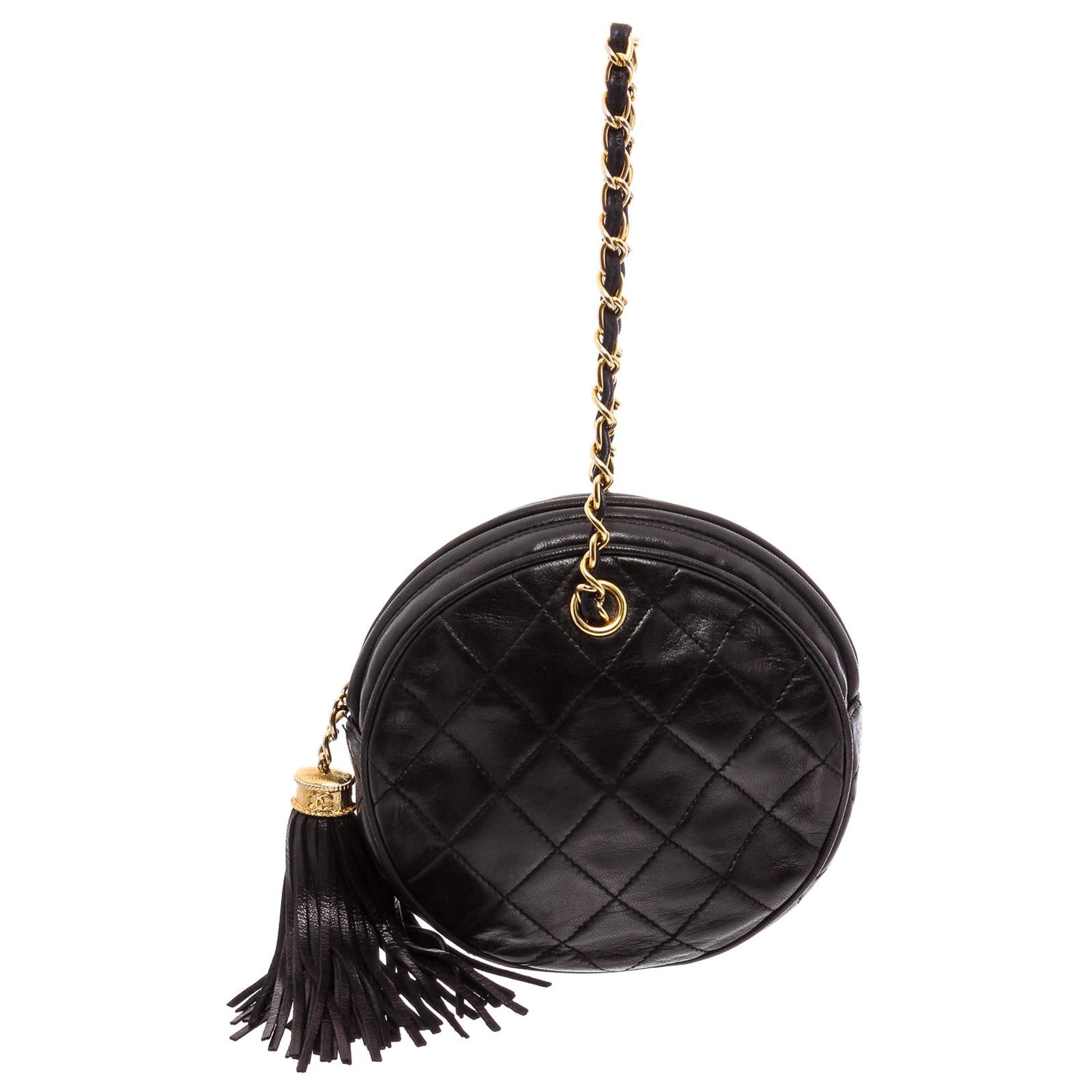 Chanel Black Quilted Lambskin Leather Round Tassel Wristlet Clutch Bag