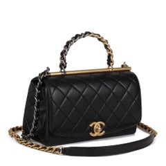 CHANEL Black Quilted Lambskin Leather Small Classic Top Handle Flap Bag