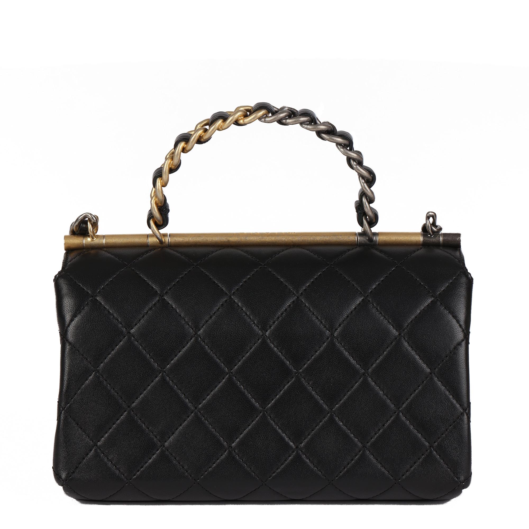 CHANEL Black Quilted Lambskin Leather Small Classic Top Handle Flap Bag 1