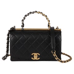 CHANEL Black Quilted Lambskin Leather Small Classic Top Handle Flap Bag