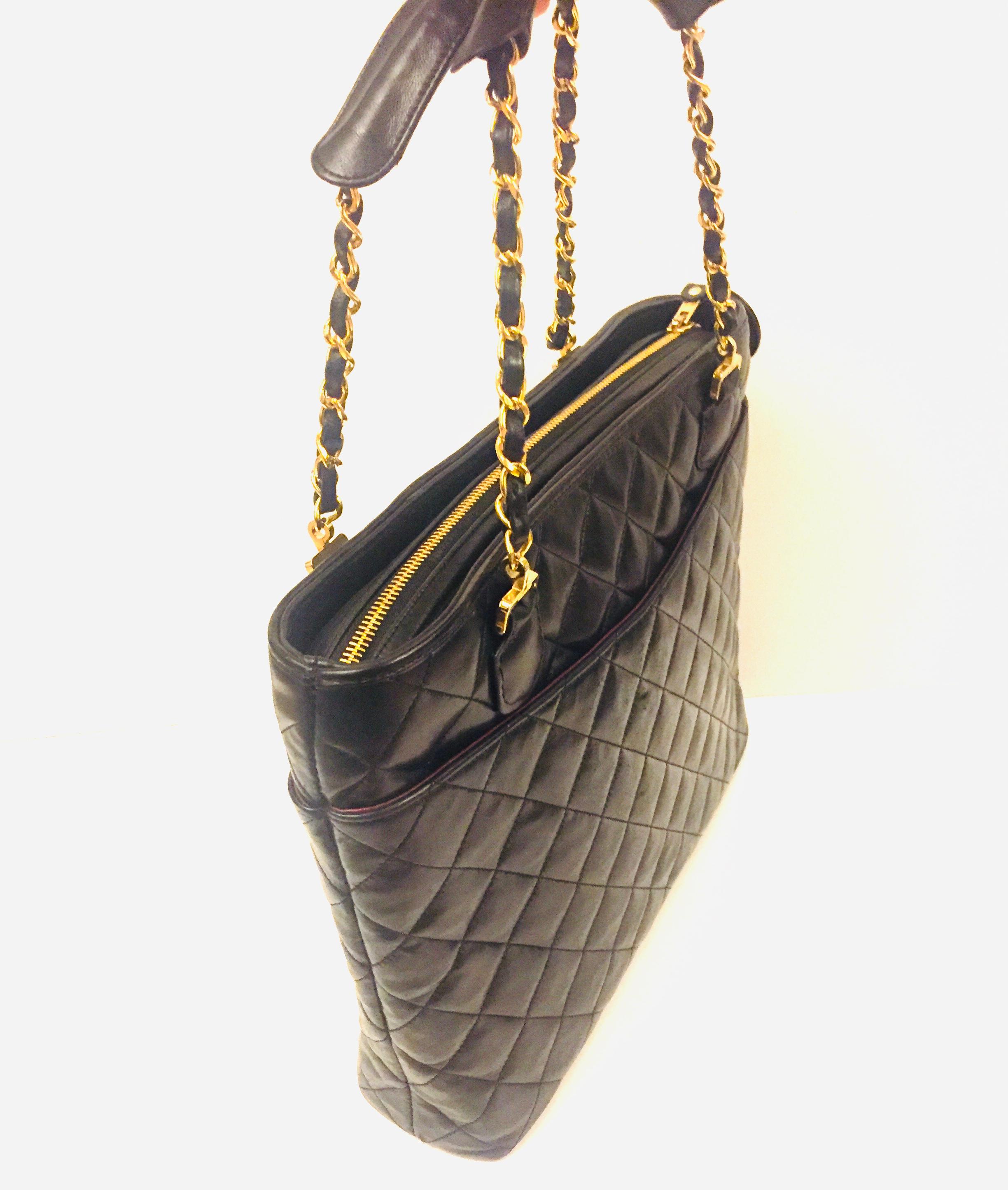 - Vintage 80s Chanel black quilted lambskin leather tote bag.  

- 
