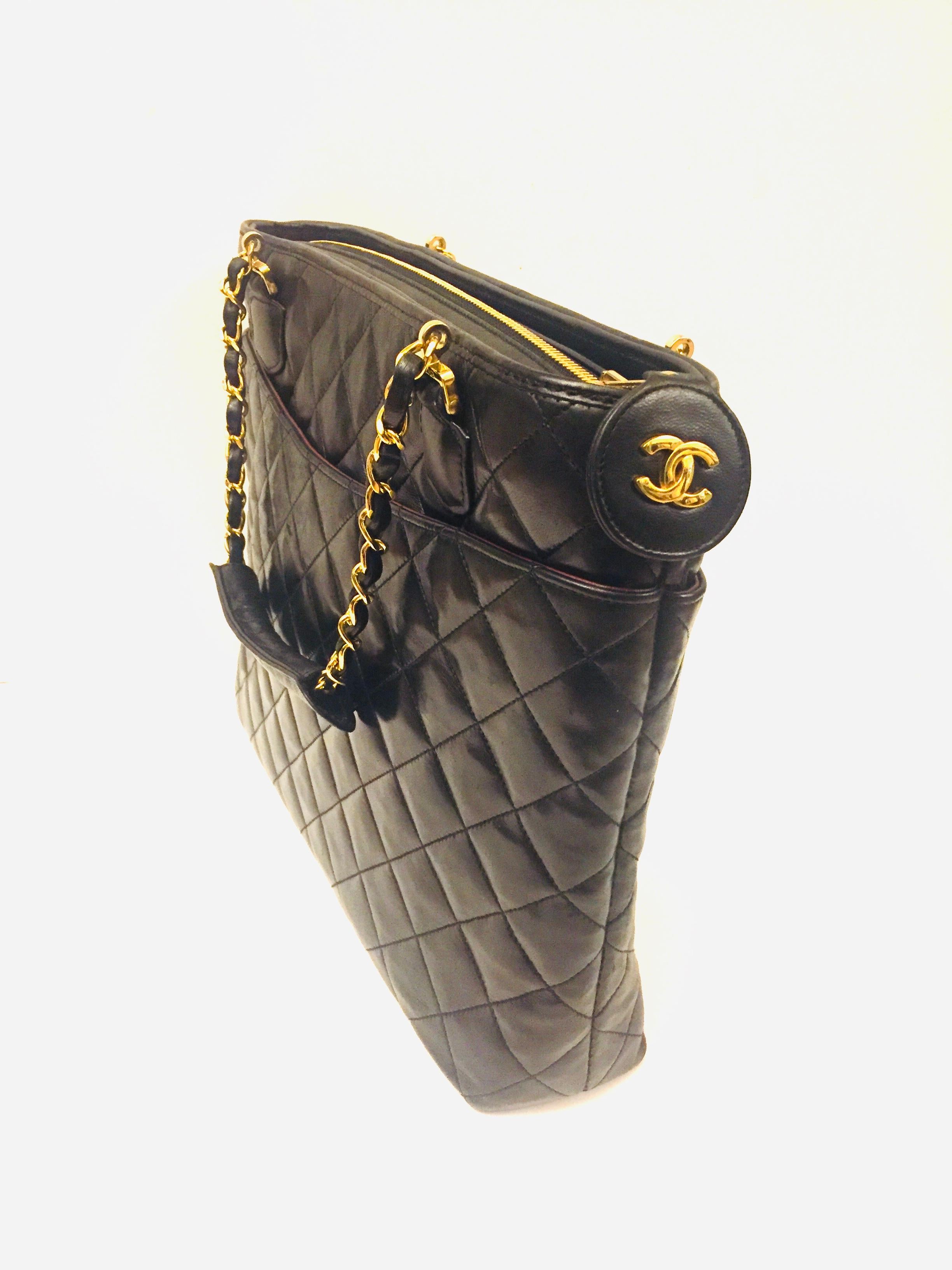 chanel vintage black lambskin leather quilted tote bag