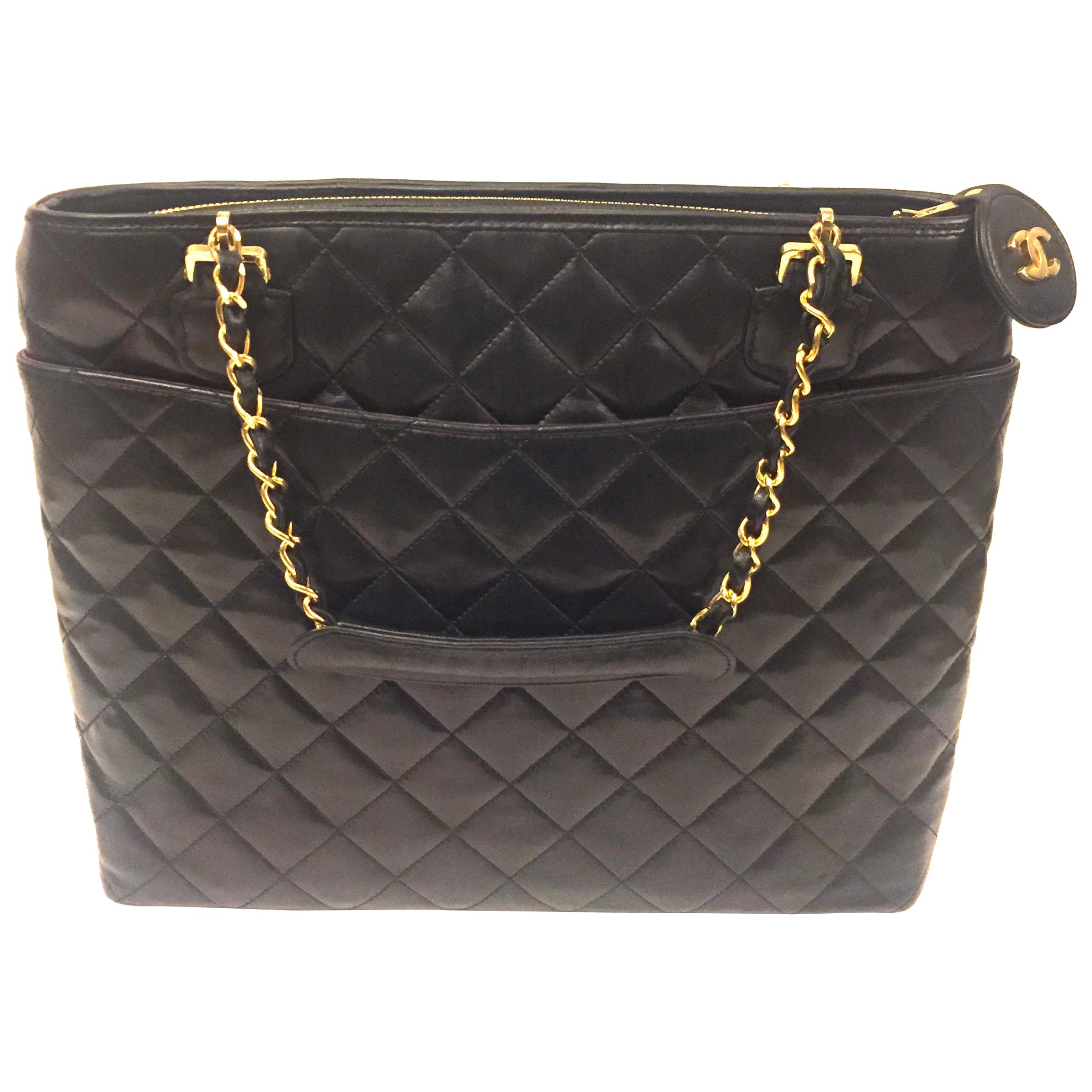 Chanel black quilted lambskin leather tote bag 