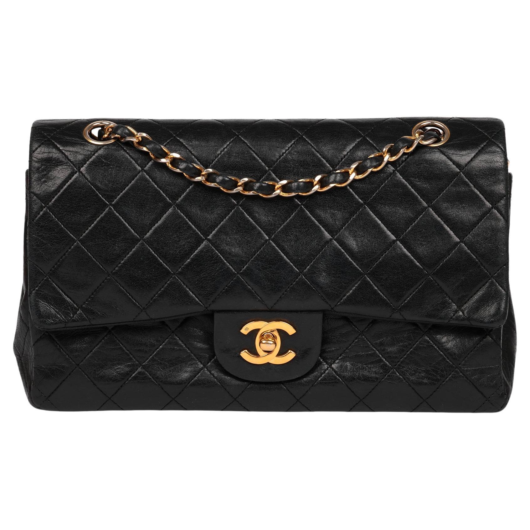 Chanel Black Quilted Lambskin Leather Vintage Medium Classic Double Flap Bag For Sale