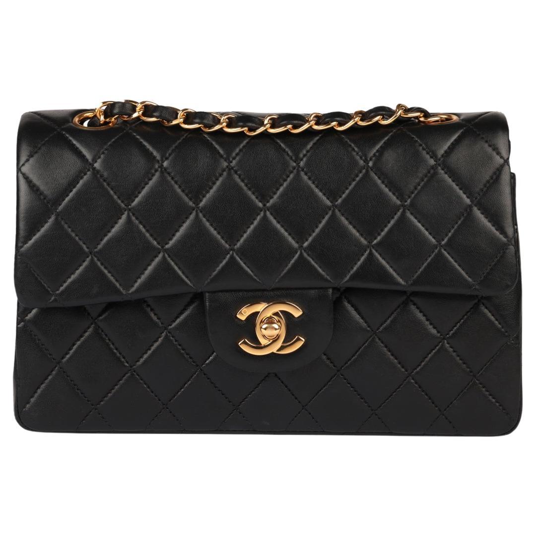 Chanel Black Quilted Lambskin Leather Vintage Small Classic Double Flap Bag For Sale