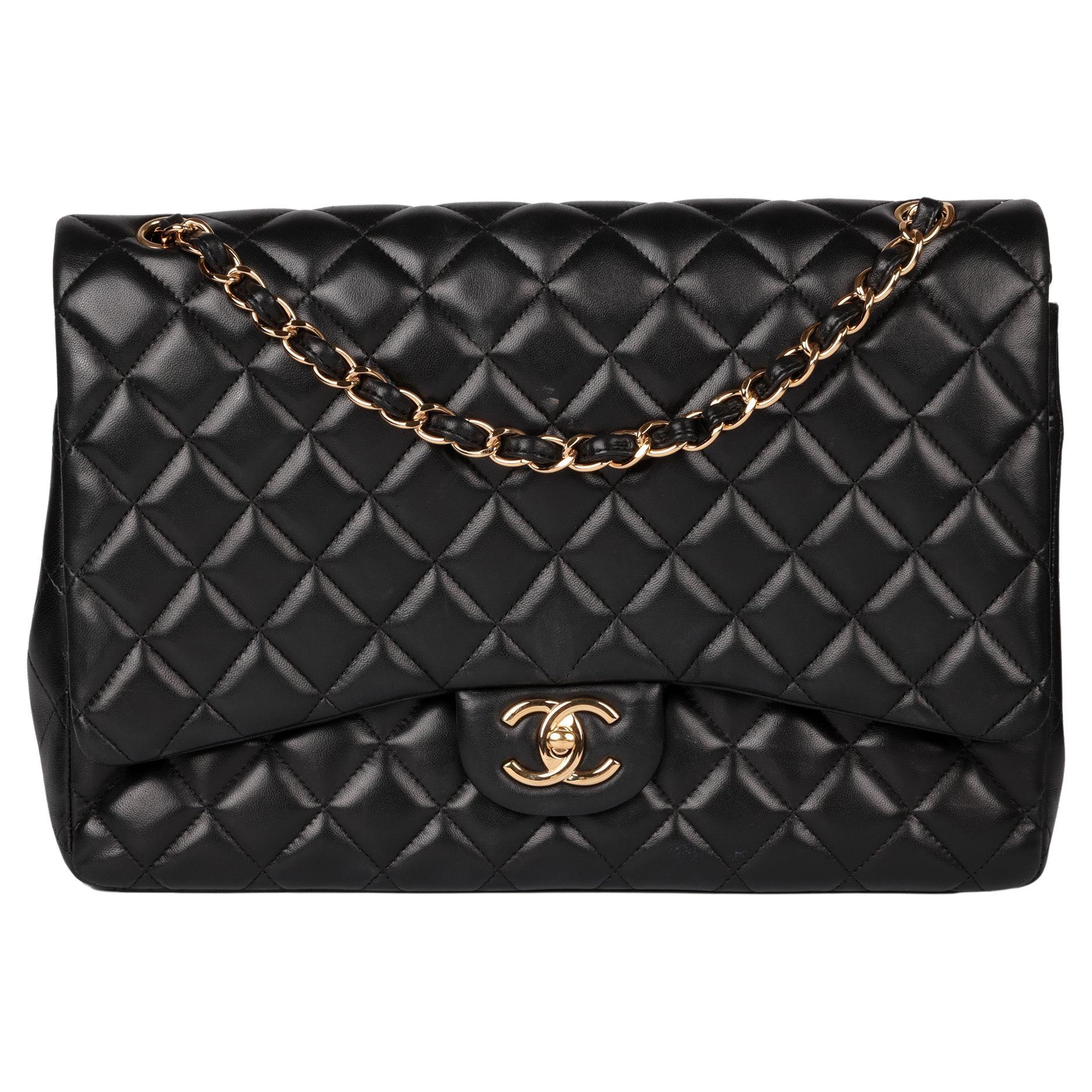 Chanel Black Quilted Lambskin Maxi Classic Double Flap Bag For Sale