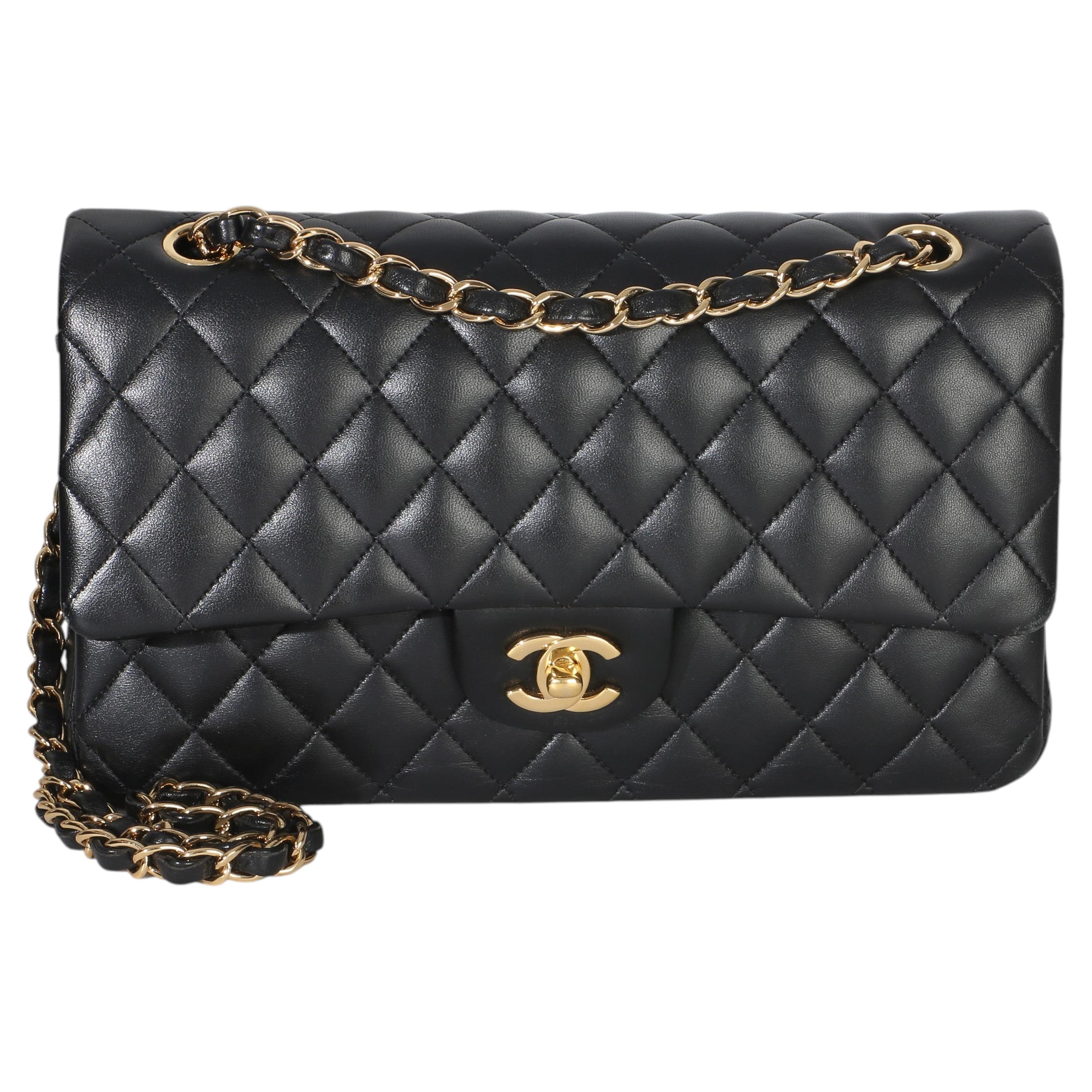 Chanel Black Lambskin Classic Quilted Double Strap Bag For Sale at