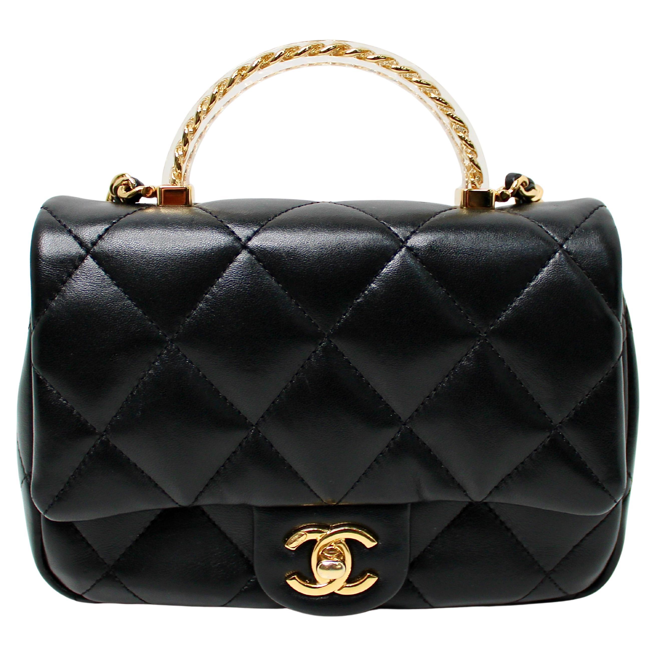 Chanel Black Quilted Lambskin Mini Flap Bag With Acrylic Chain Top Handle