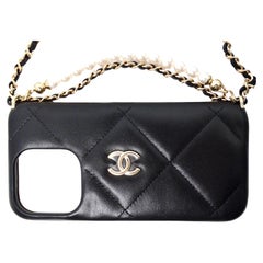 Chanel Black Quilted Lambskin Pearl Crush iPhone 15 Pro Case With Chain