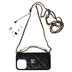 Chanel Black Quilted Lambskin Pearl Crush iPhone 15 Pro Case With Chain