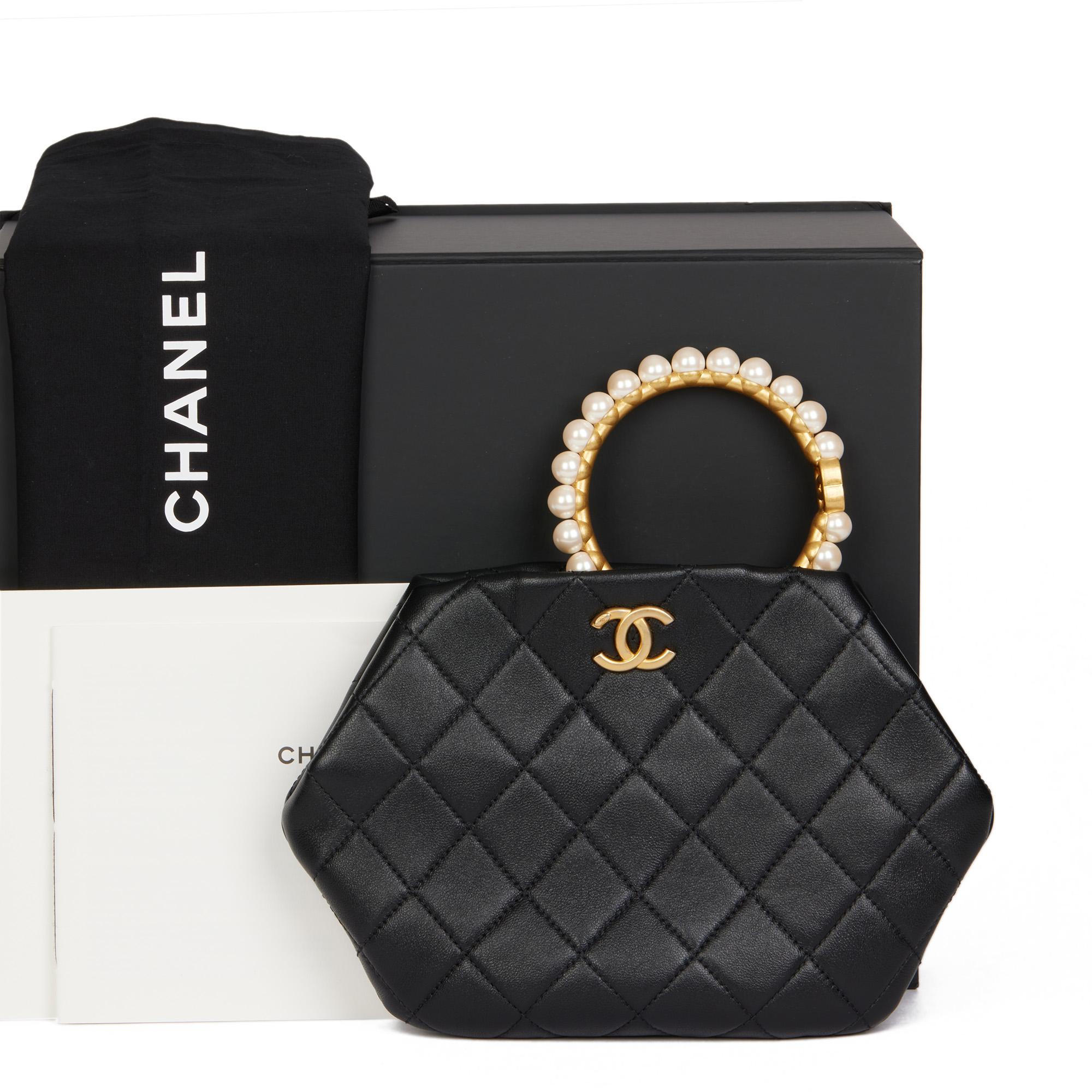 CHANEL Black Quilted Lambskin Pearl Handle Clutch  4