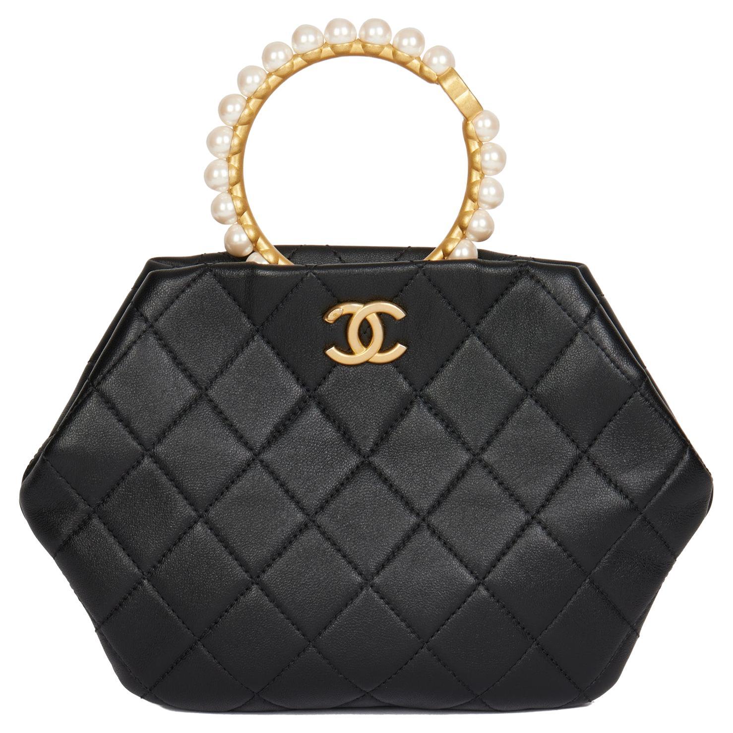CHANEL Black Quilted Lambskin Pearl Handle Clutch 