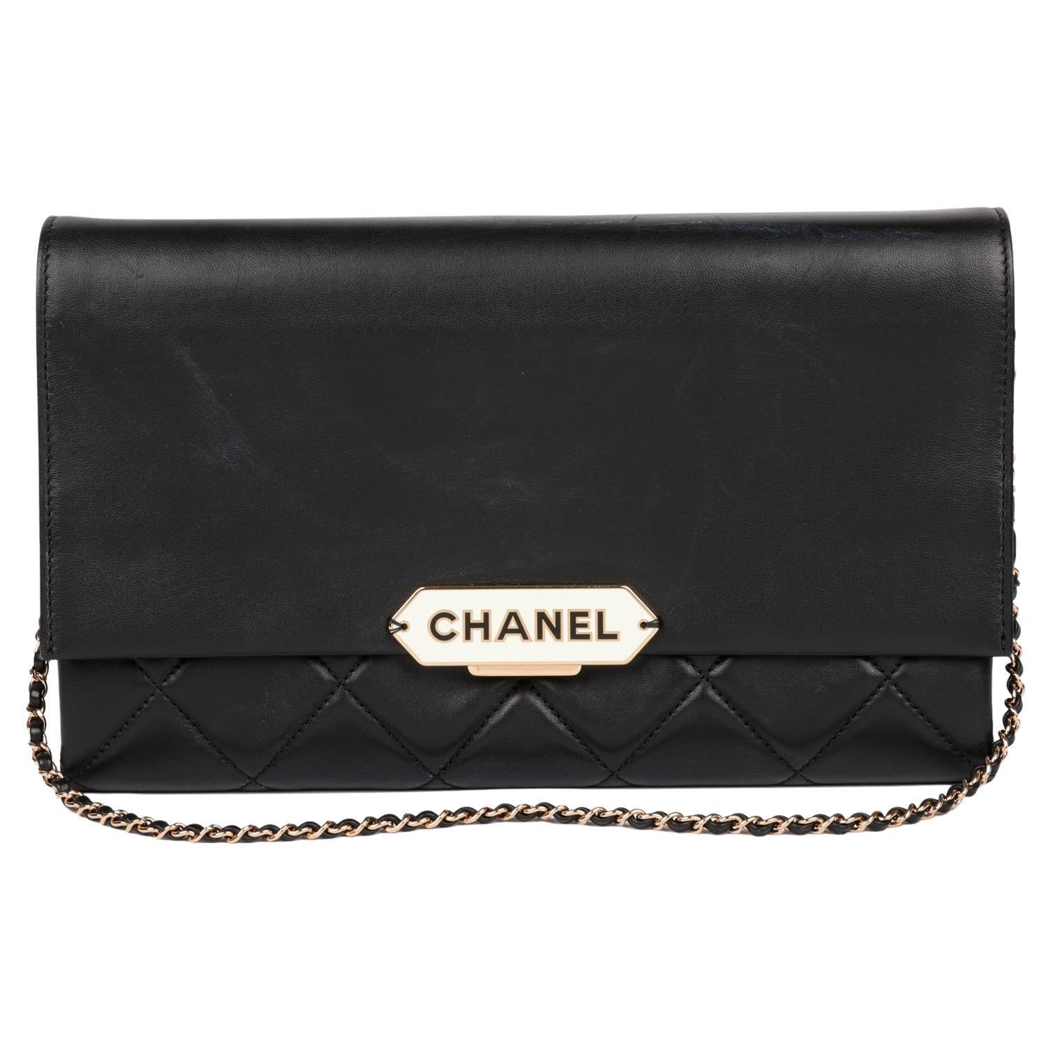 CHANEL Black Quilted Lambskin Retro Label Clutch-on-Chain COC
