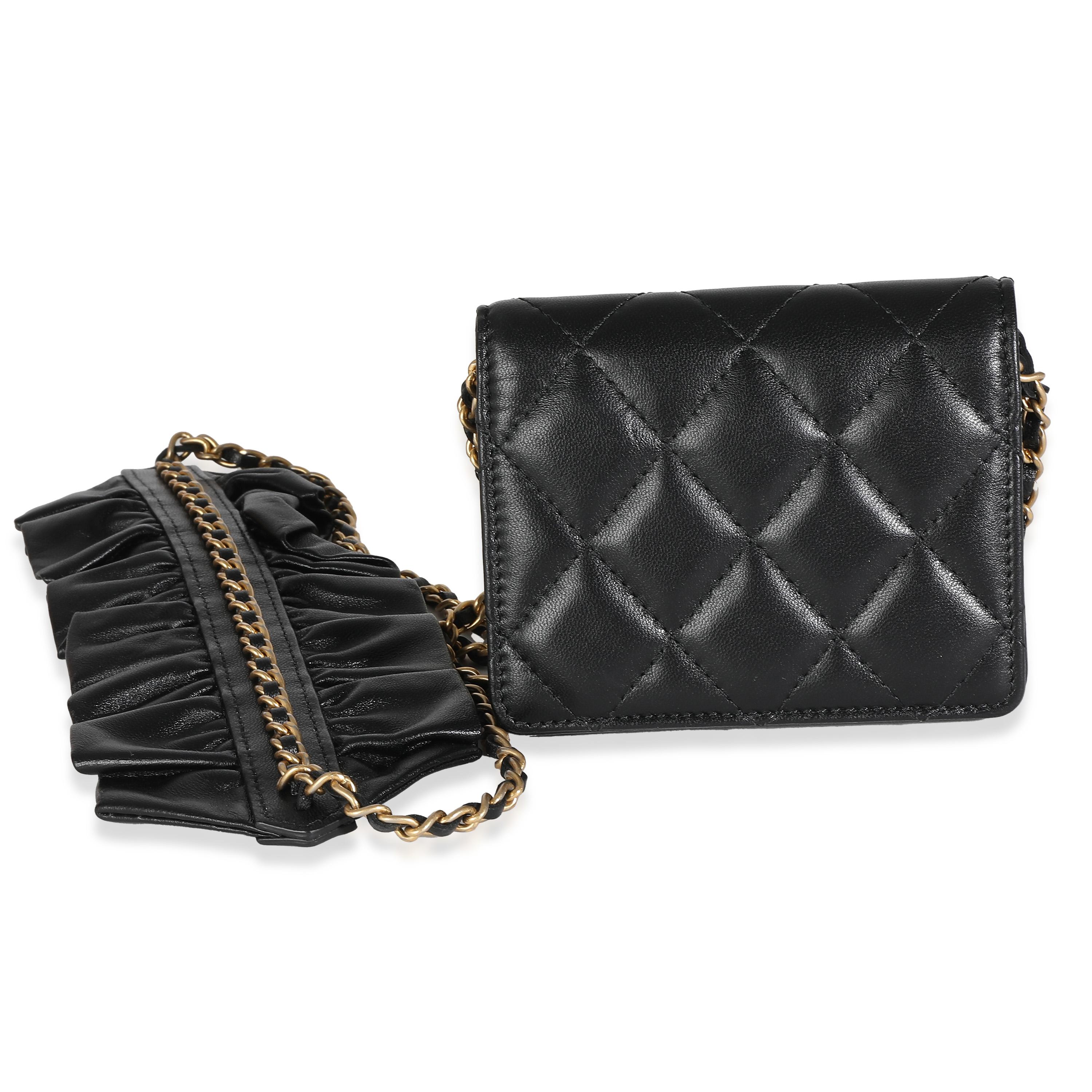 Chanel Black Quilted Lambskin Ruffled Card Holder On Chain In Excellent Condition For Sale In New York, NY
