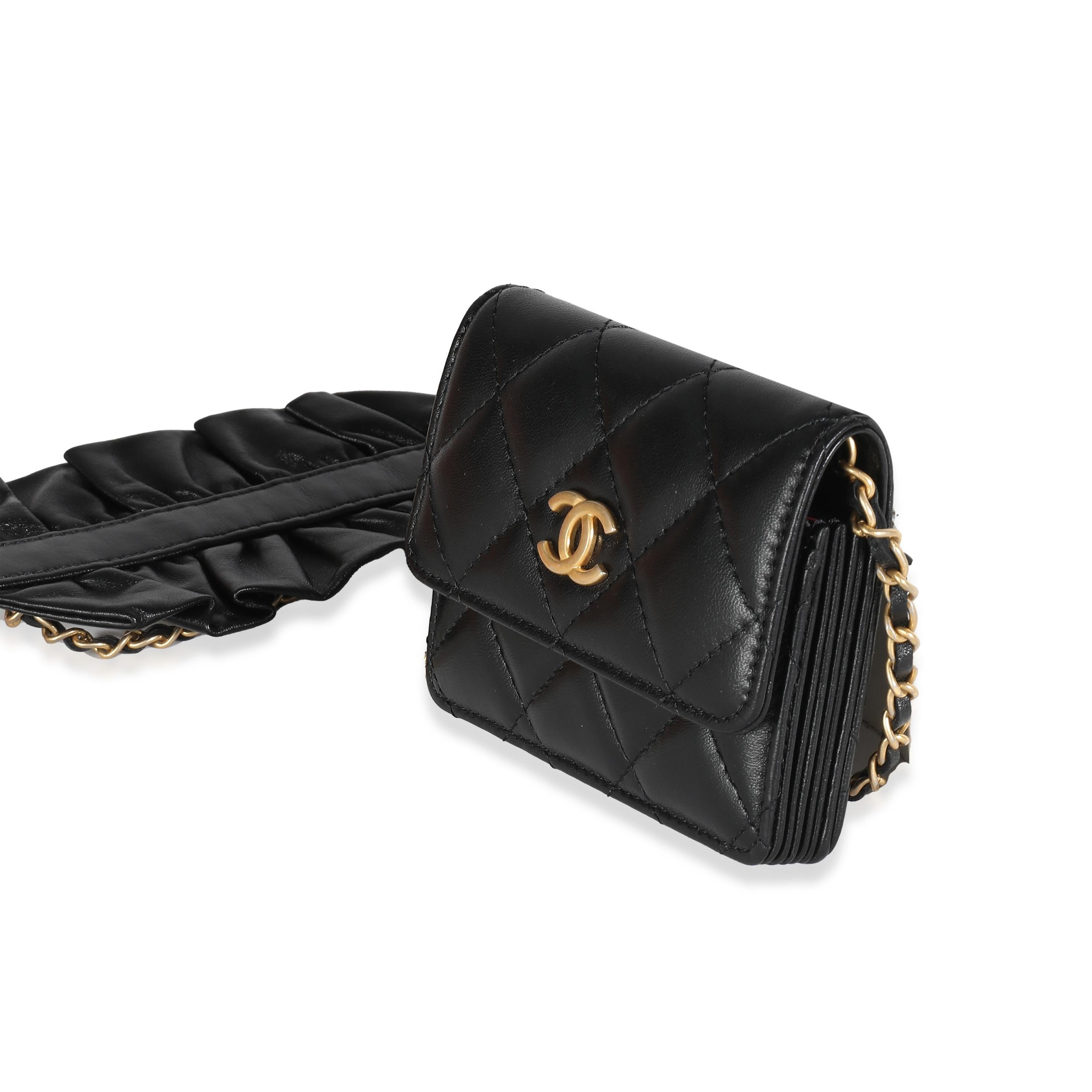 Women's or Men's Chanel Black Quilted Lambskin Ruffled Card Holder On Chain For Sale
