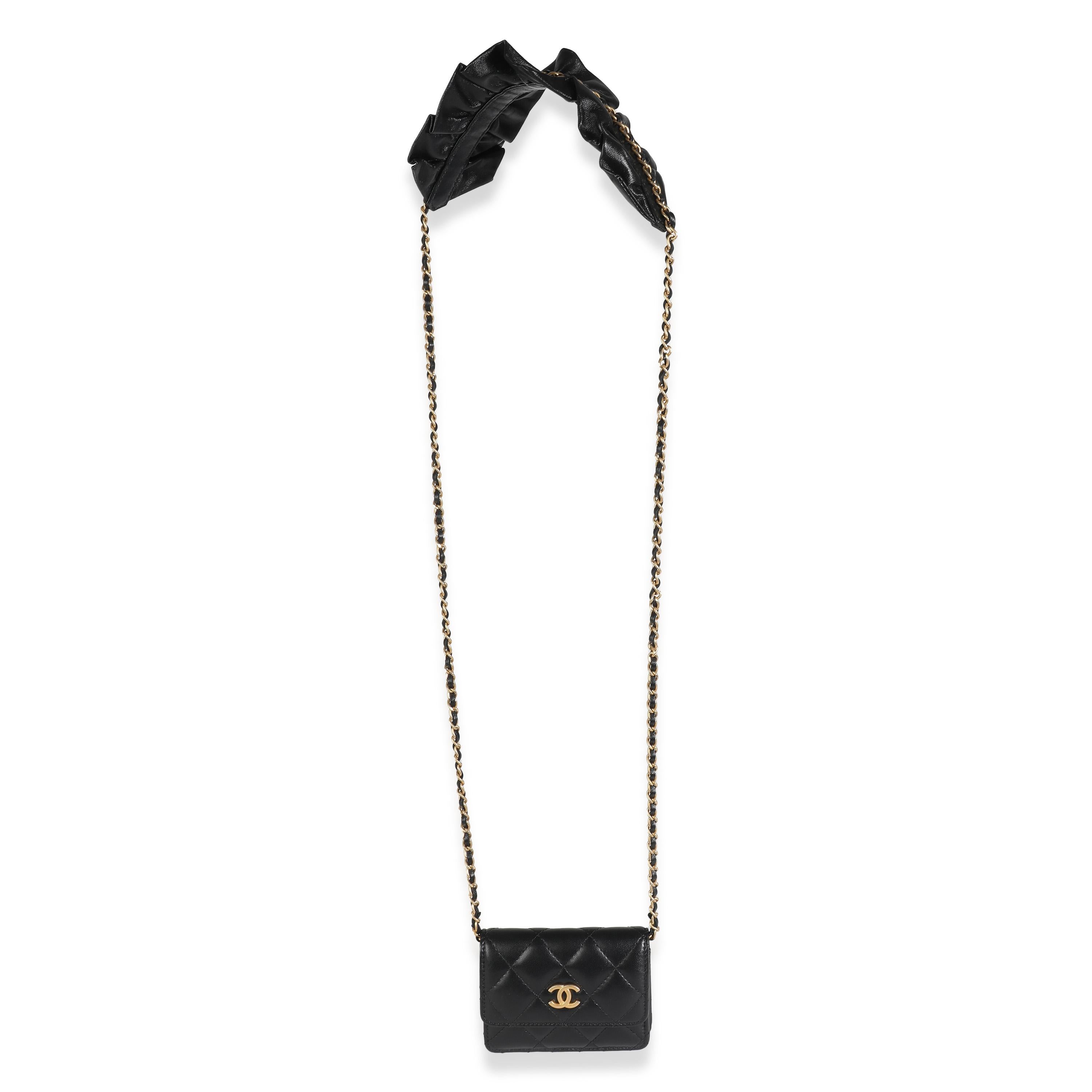 Chanel Black Quilted Lambskin Ruffled Card Holder On Chain For Sale 2