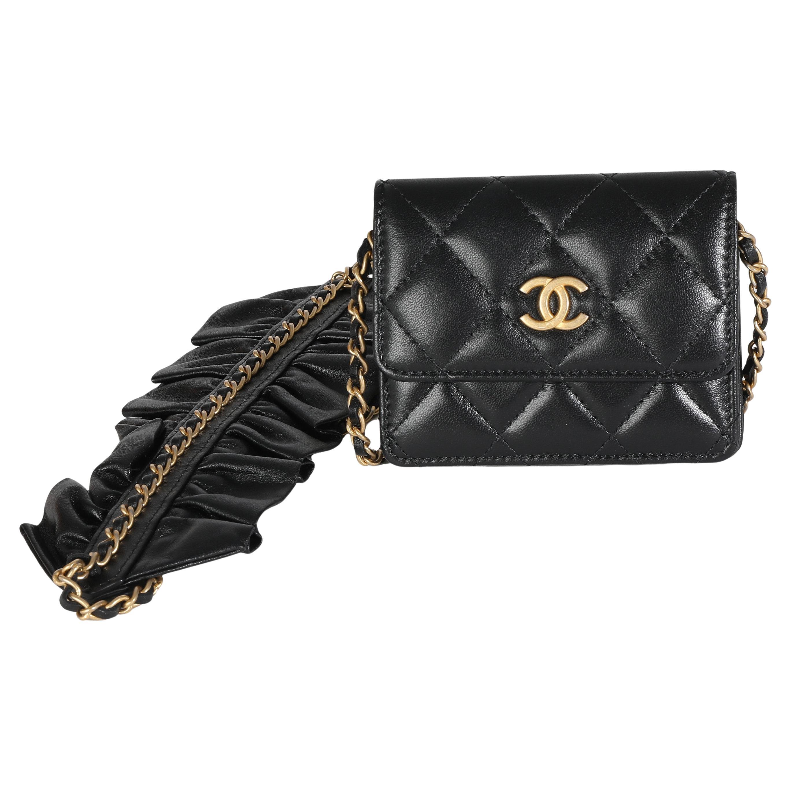 Chanel Black Quilted Lambskin Ruffled Card Holder On Chain For Sale