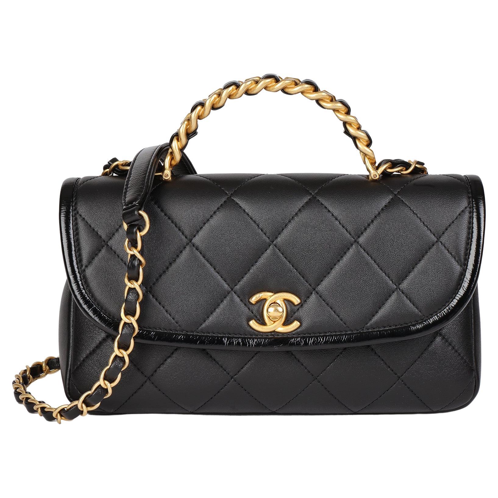 CHANEL Black Quilted Lambskin Small Classic Top Handle Flap Bag at
