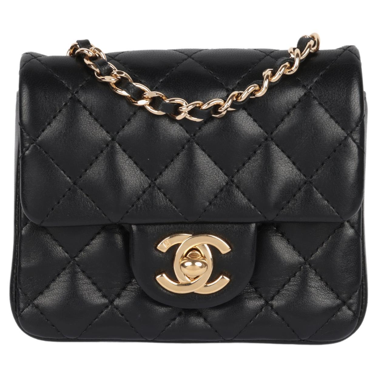Chanel Black Quilted Lambskin Square Micro Flap Bag For Sale