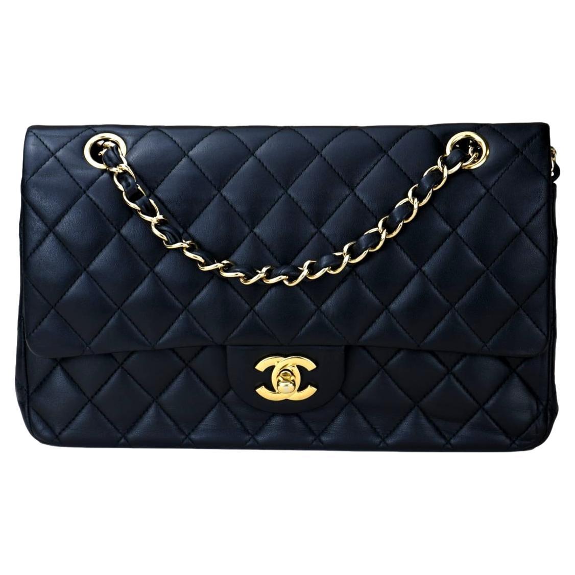 CHANEL Black Quilted Lambskin Timeless Classic Medium Double Flap