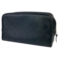 Vintage Chanel Black Quilted Lambskin Toiletry Pouch Make Up Case Vanity Tote 860577