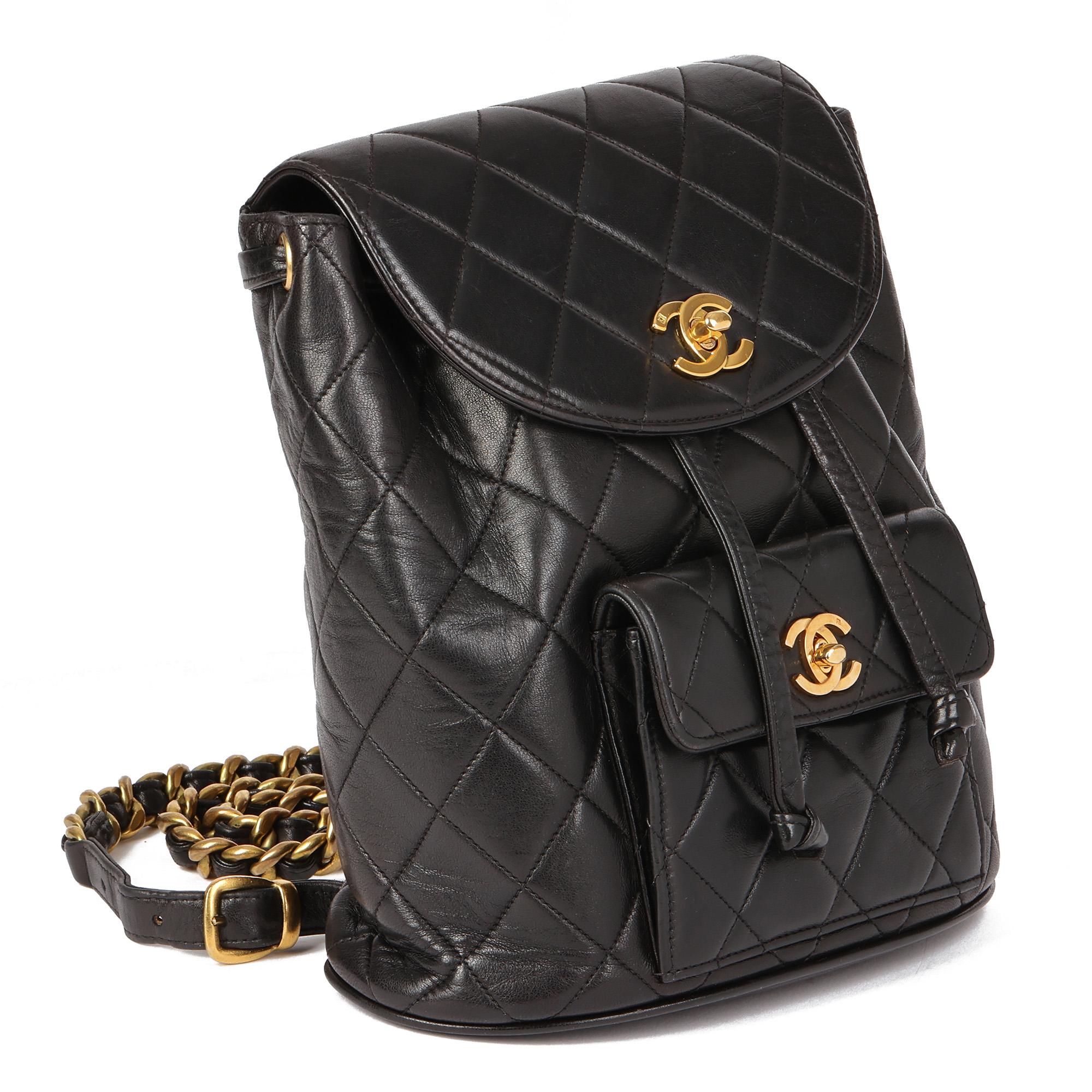 CHANEL
Black Quilted Lambskin Vintage Classic Duma Backpack

Serial Number: Unreadable
Age (Circa): 1990
Accompanied By: Chanel Dust Bag
Authenticity Details: (Made in France)
Gender: Ladies
Type: Backpack

Colour: Black
Hardware: Gold (24k