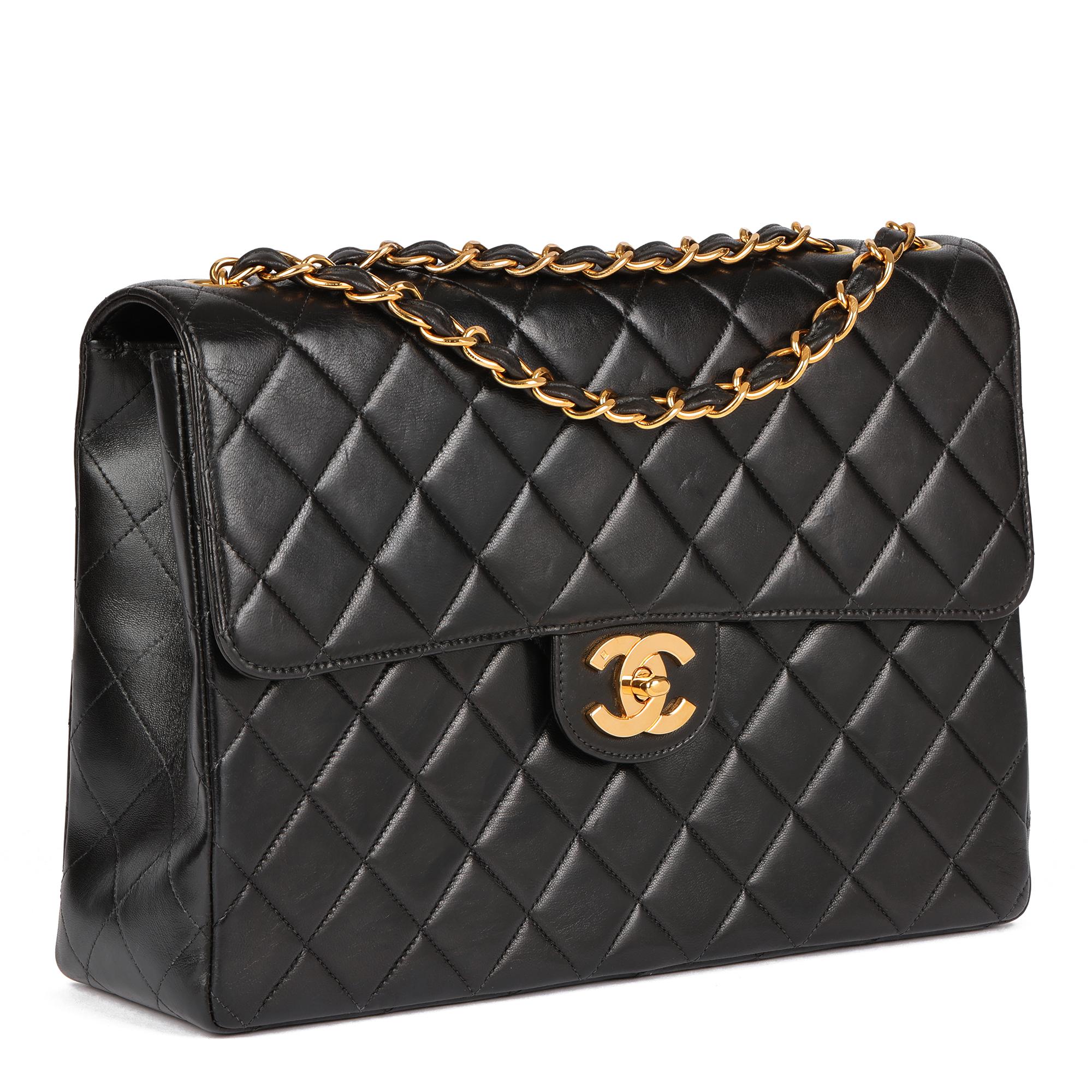 CHANEL
Black Quilted Lambskin Vintage Jumbo XL Classic Single Flap Bag

Serial Number: 4325606
Age (Circa): 1996
Accompanied By: Chanel Care Booklet, Authenticity Card
Authenticity Details: Authenticity Card, Serial Sticker (Made in France)
Gender: