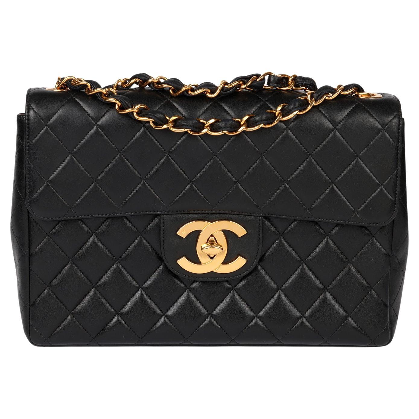 Chanel Black Quilted Lambskin Vintage Jumbo XL Classic Single Flap Bag For Sale
