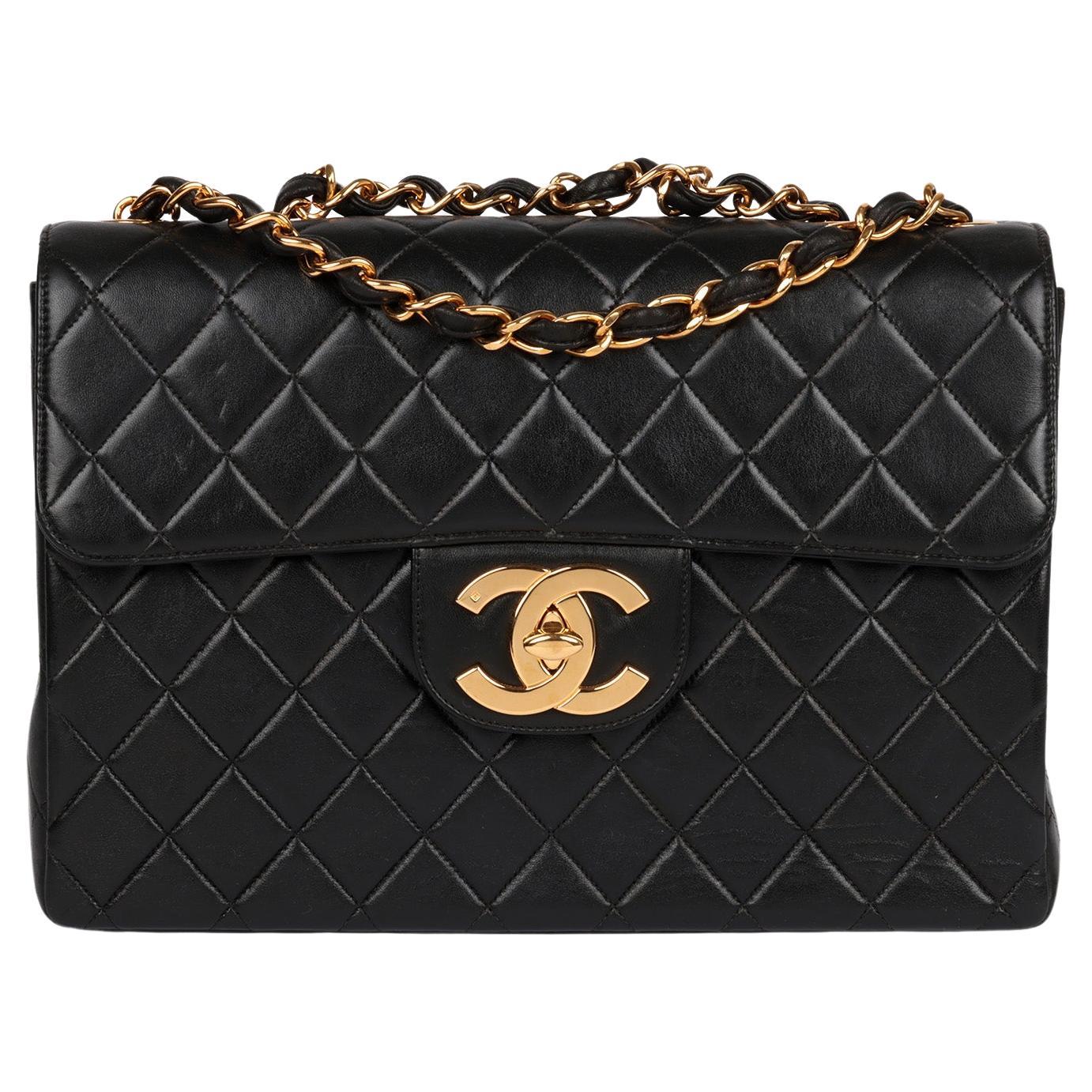 Chanel Black Quilted Lambskin Vintage Jumbo XL Classic Single Flap Bag For Sale