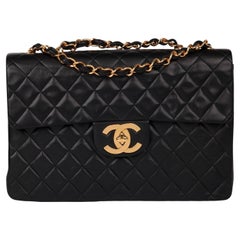 Chanel Schwarzes gestepptes Lammfell Vintage Maxi Jumbo XL Classic Single Flap Bag
