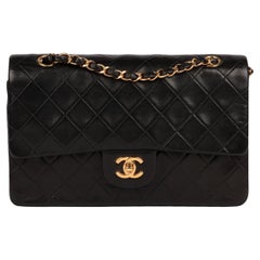 Chanel - Sac à main classique à double rabat en cuir d'agneau matelassé noir - Vintage Medium