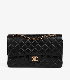 Chanel - Sac à main classique à double rabat en cuir d'agneau matelassé noir - Vintage Medium