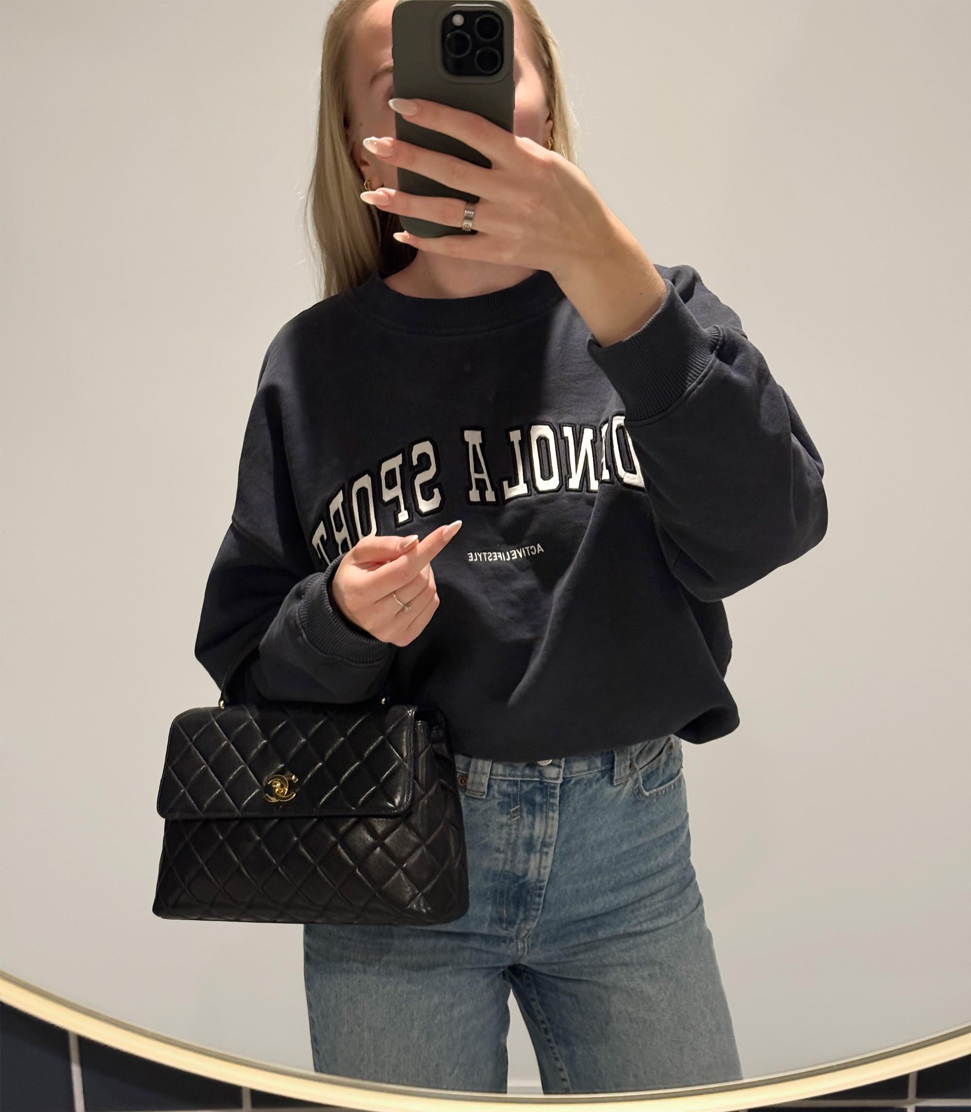 Chanel Schwarz Gestepptes Lammfell Vintage Medium Klassisch Kelly im Angebot 7