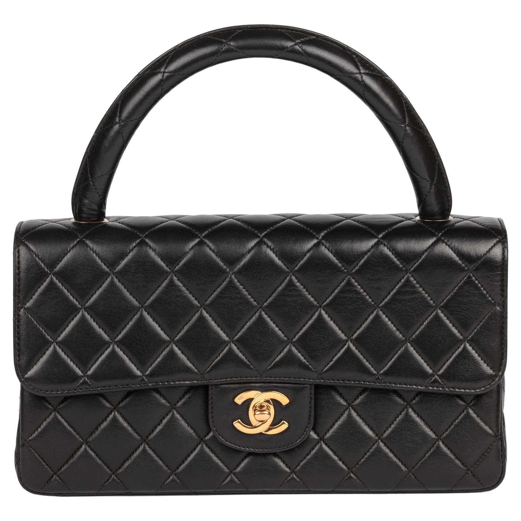 CHANEL Noir Cuir d'agneau matelassé Vintage Medium Classic Kelly en vente