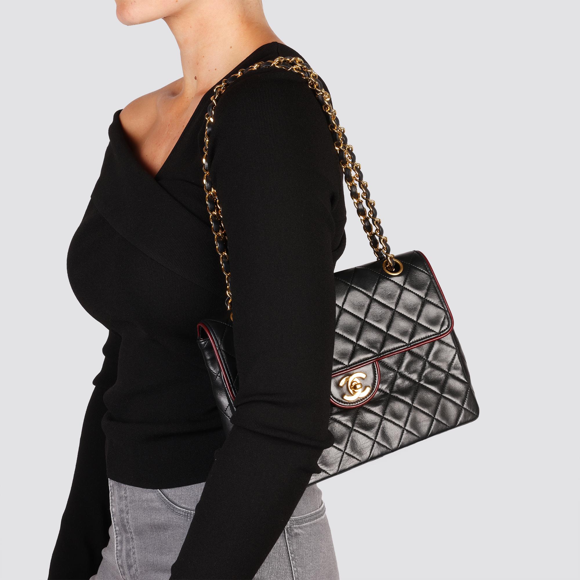 CHANEL Black Quilted Lambskin Vintage Medium Classic Single Flap Bag with Red Tr For Sale 8