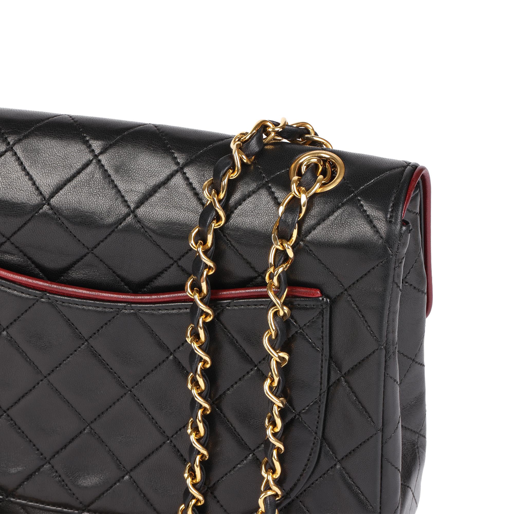 CHANEL Black Quilted Lambskin Vintage Medium Classic Single Flap Bag with Red Tr For Sale 2