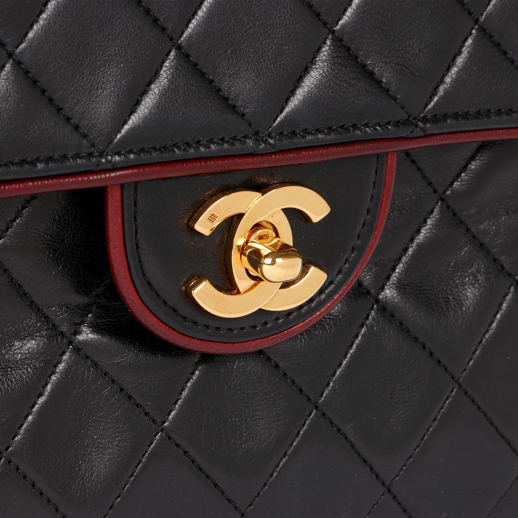 CHANEL Black Quilted Lambskin Vintage Medium Classic Single Flap Bag with Red Tr For Sale 3
