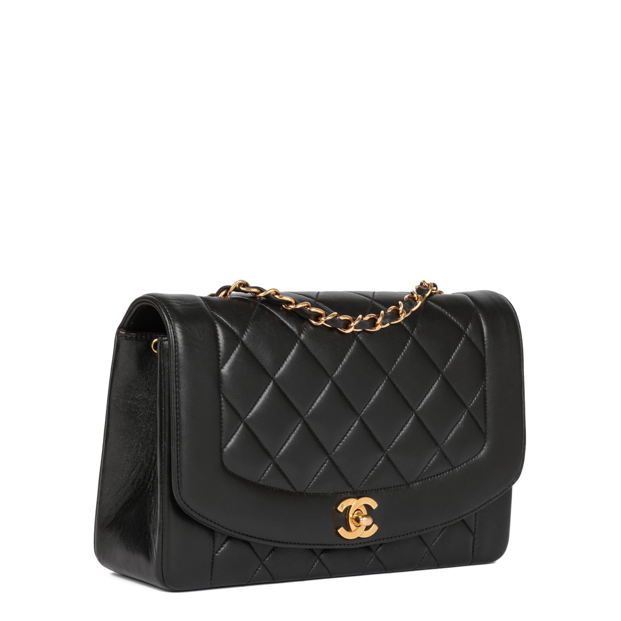 CHANEL
Black Quilted Lambskin Vintage Medium Diana Classic Single Flap Bag

Serial Number: 2910409
Age (Circa): 1993
Accompanied By: Chanel Dust Bag, Authenticity Card, Box, Protective Felt
Authenticity Details: Authenticity Card, Serial Sticker
