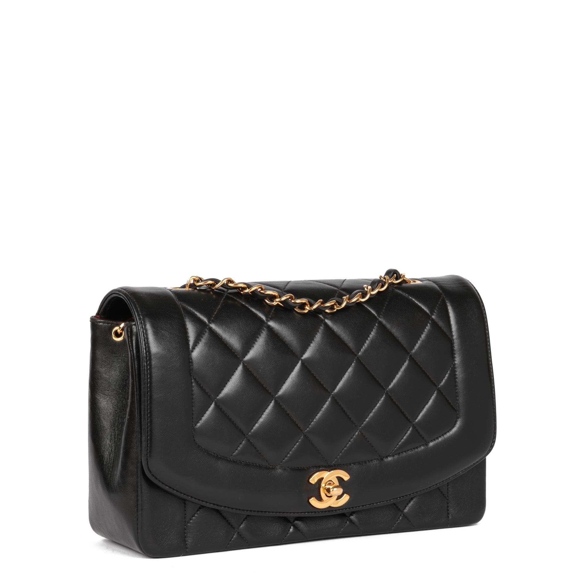 CHANEL
Black Quilted Lambskin Vintage Medium Diana Classic Single Flap Bag

Serial Number: 2696259
Age (Circa): 1993
Accompanied By: Chanel Dust Bag, Authenticity Card, Box
Authenticity Details: Authenticity Card, Serial Sticker (Made in
