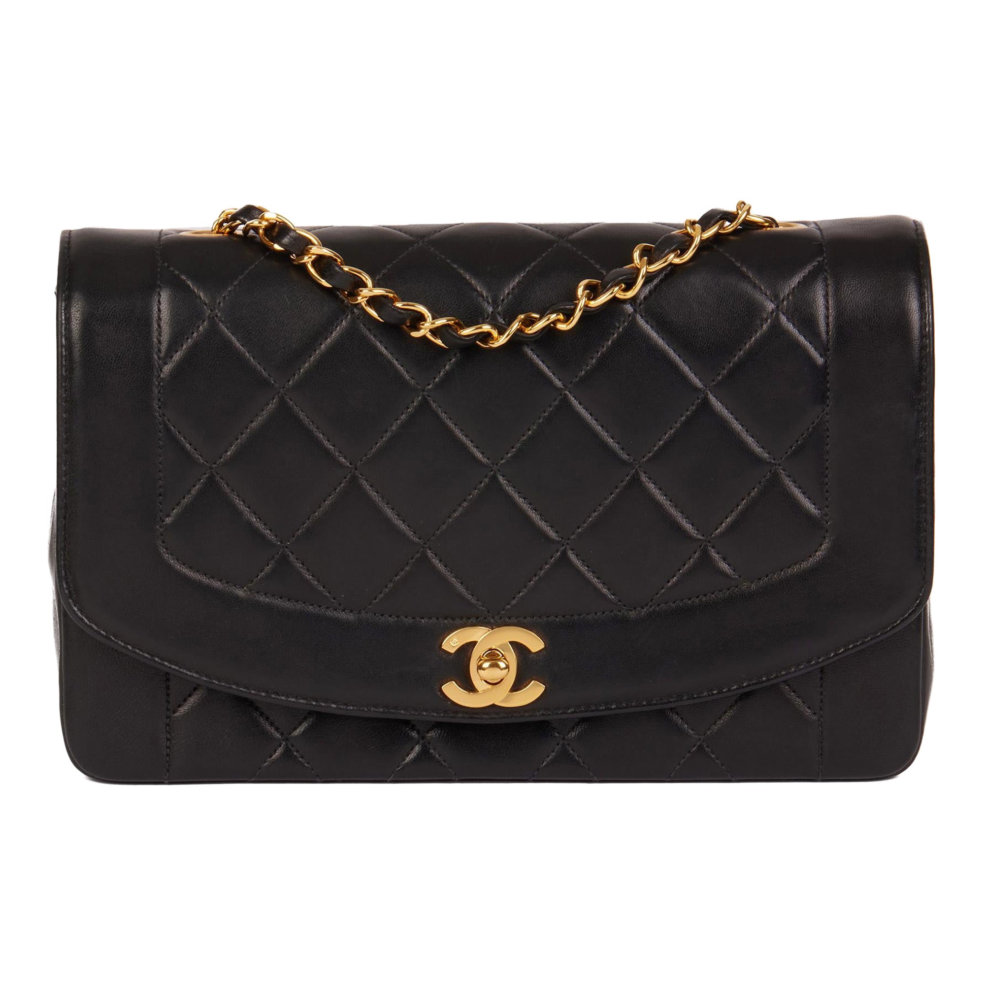 CHANEL Black Quilted Lambskin Vintage Medium Diana Classic Single Flap Bag