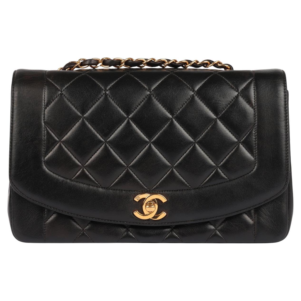 Chanel Schwarze Vintage Medium Diana Classic Single Flap Tasche aus gestepptem Lammfell Vintage Medium